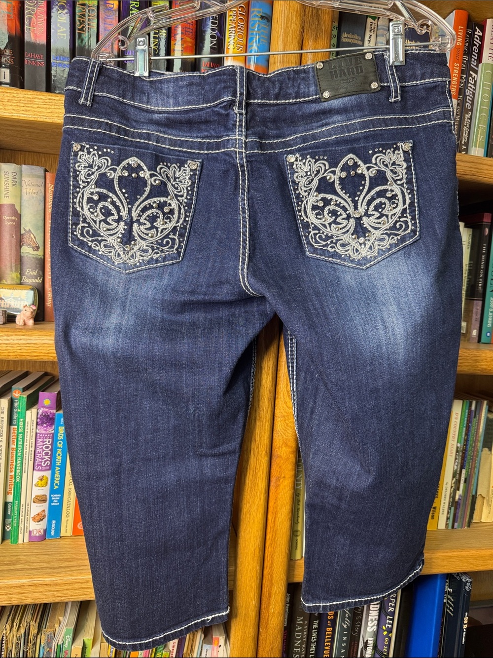 Live Hard Dark Wash Distressed Women’s Blue Jean Pedal Pushers